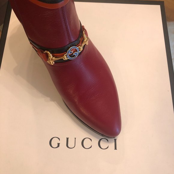 Gucci Ankle Boots in Burgundy with Hunter Green Trim NEW IN BOX WITH SHOE BAG - Picture 5 of 6